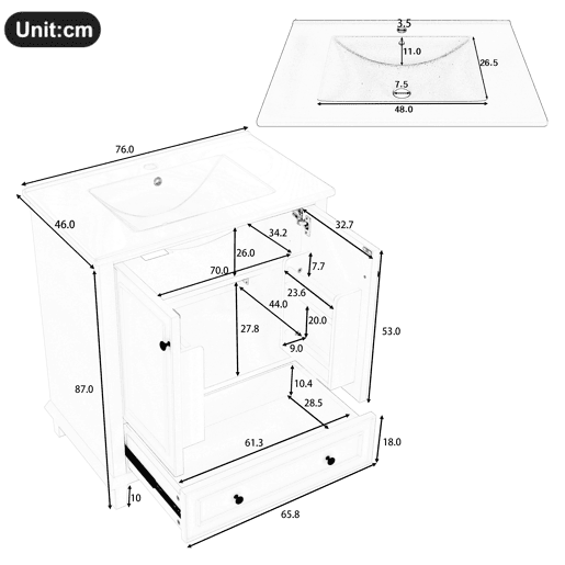Móvel de casa de banho com pés 76x46x87 cm - Com lavatório cerâmico, grande espaço de arrumação, pés de madeira - Branco Móvel de casa de banho com pés 76x46x87 cm - Com lavatório cerâmico, grande espaço de arrumação, pés de madeira - Branco