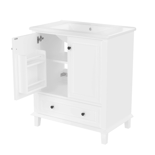 Móvel de casa de banho com pés 76x46x87 cm - Com lavatório cerâmico, grande espaço de arrumação, pés de madeira - Branco Móvel de casa de banho com pés 76x46x87 cm - Com lavatório cerâmico, grande espaço de arrumação, pés de madeira - Branco