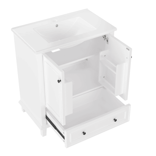 Móvel de casa de banho com pés 76x46x87 cm - Com lavatório cerâmico, grande espaço de arrumação, pés de madeira - Branco Móvel de casa de banho com pés 76x46x87 cm - Com lavatório cerâmico, grande espaço de arrumação, pés de madeira - Branco