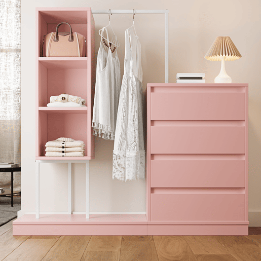 Armário com gavetas 140x40x135 cm - Com barra para roupa, estilo aparador - Rosa