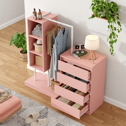 Armário com gavetas 140x40x135 cm - Com barra para roupa, estilo aparador - Rosa
