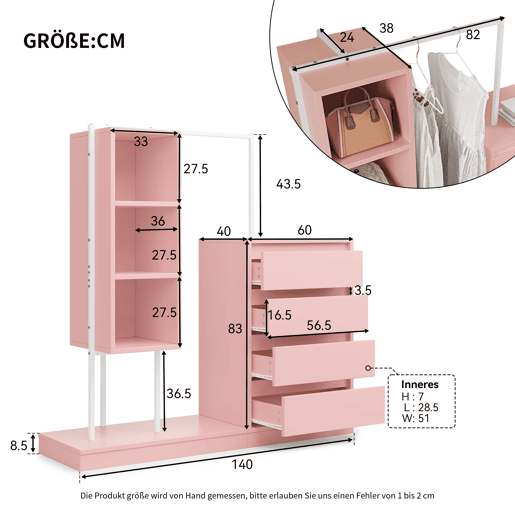 Armário com gavetas 140x40x135 cm - Com barra para roupa, estilo aparador - Rosa