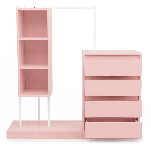 Armário com gavetas 140x40x135 cm - Com barra para roupa, estilo aparador - Rosa