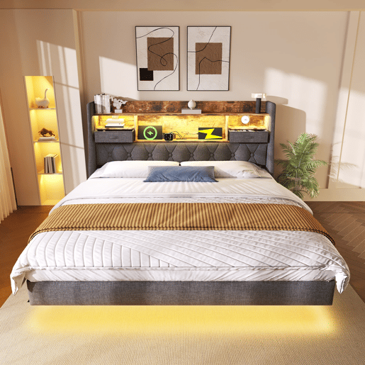 Cama Polsterbett 180x200 cm - Com LED, Cabeceira com Estação de Carregamento - Cinza