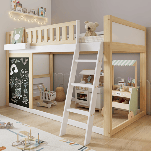 Cama loft 90x200cm - Com quadro para pintar, caixa de arrumação, grade de segurança, branco + natural