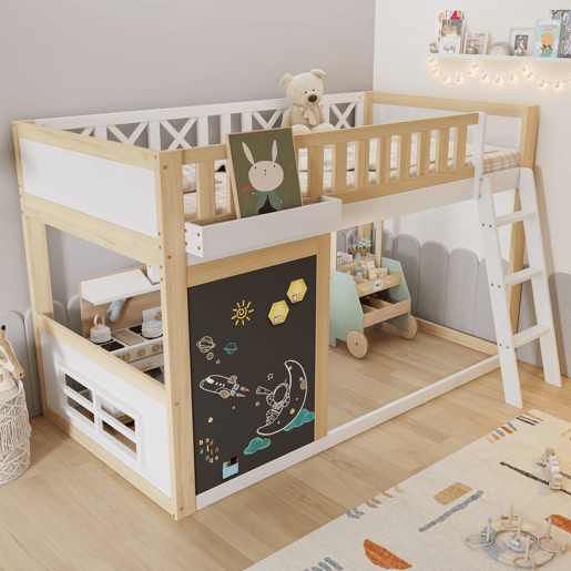 Cama loft 90x200cm - Com quadro para pintar, caixa de arrumação, grade de segurança, branco + natural