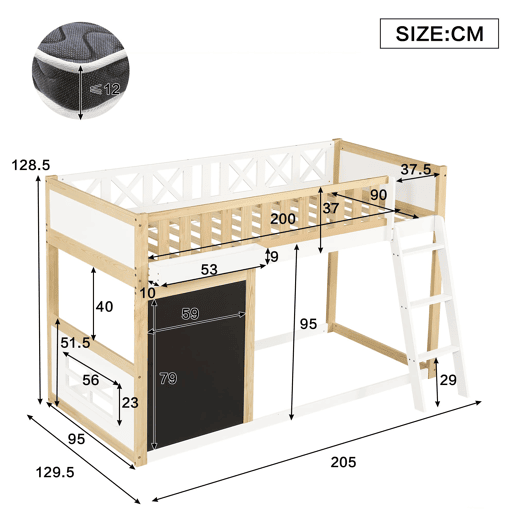 Cama loft 90x200cm - Com quadro para pintar, caixa de arrumação, grade de segurança, branco + natural