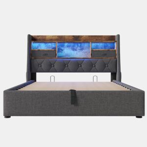 Cama hidráulica 140x200 cm - Com arrumação, cabeceira LED, 4 portas USBType-C - Cinza