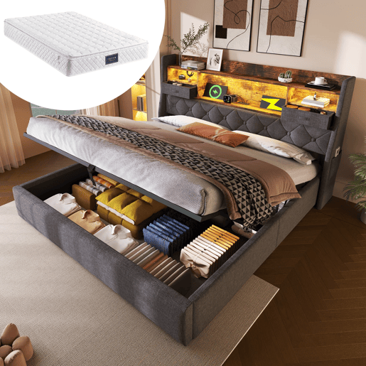 Cama hidráulica 140x200 cm - Com arrumação, cabeceira LED, 4 portas USBType-C - Cinza