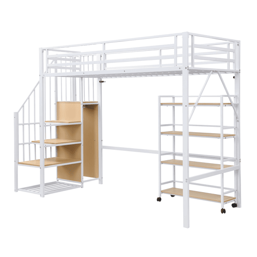 Cama de ferro 90x200 cm - Beliche, prateleira de 4 níveis com rodas, grade de segurança, armário com cabideiro - Branco + Natural