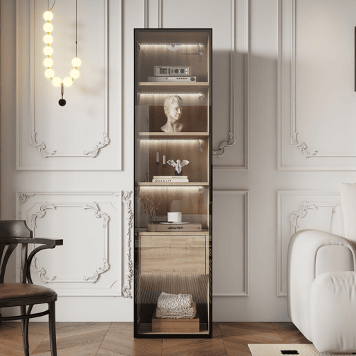 Armário de casa de banho 40 cm - com luz, 1 gaveta grande, 1 porta, vidro - Natural