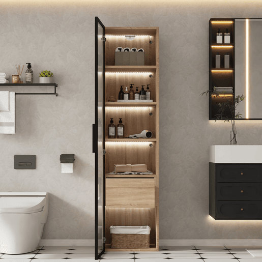 Armário de casa de banho 40 cm - com luz, 1 gaveta grande, 1 porta, vidro - Natural
