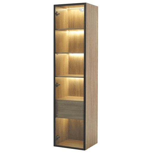 Armário de casa de banho 40 cm - com luz, 1 gaveta grande, 1 porta, vidro - Natural