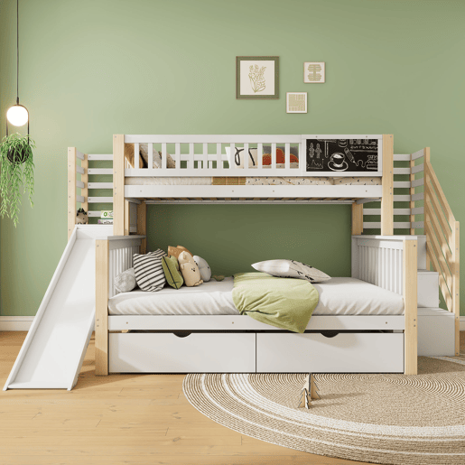 Cama casa 140x200cm e 90x200cm - com escada, armários, escorregador e quadro negro - branco e natural Cama casa 140x200cm e 90x200cm - com escada, armários, escorregador e quadro negro - branco e natural