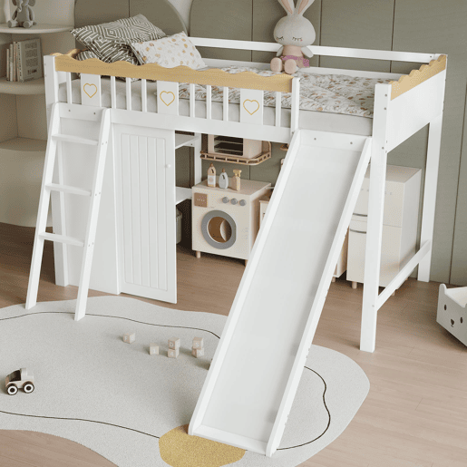 Cama loft 90x200 cm - Com escorregador, armário e prateleira embaixo, barreira nos 4 lados - Branco+Natural