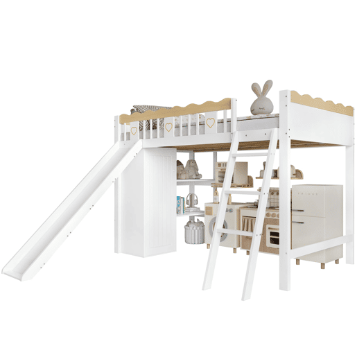 Cama loft 90x200 cm - Com escorregador, armário e prateleira embaixo, barreira nos 4 lados - Branco+Natural