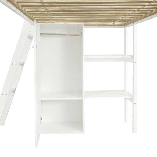 Cama loft 90x200 cm - Com escorregador, armário e prateleira embaixo, barreira nos 4 lados - Branco+Natural