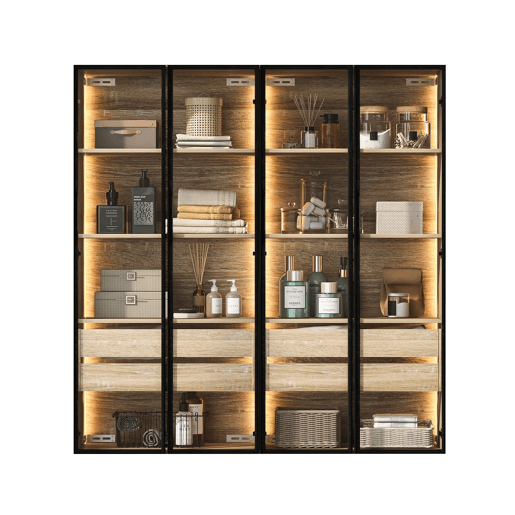 Conjunto de 2 armários de casa de banho 73 cm - Com luz, 2 gavetas grandes, 2 portas, porta de vidro - Natural