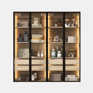 Conjunto de 2 armários de casa de banho 73 cm - Com luz, 2 gavetas grandes, 2 portas, porta de vidro - Natural