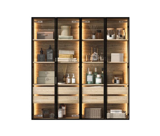 Juego de 2 armarios de baño 73 cm - con luz, 2 cajones grandes, 2 puertas, puerta de cristal - natural