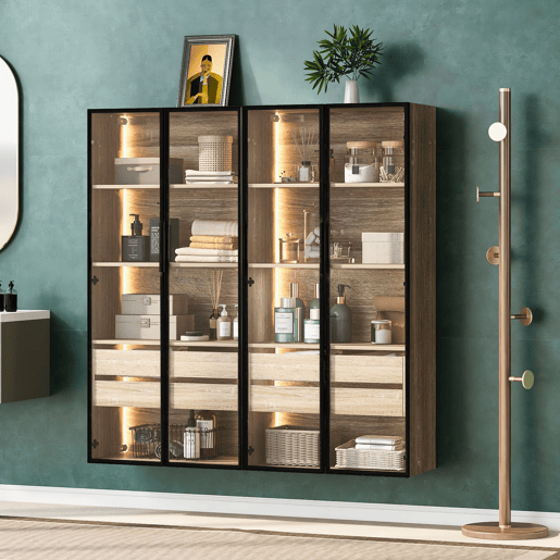 Conjunto de 2 armários de casa de banho 73 cm - Com luz, 2 gavetas grandes, 2 portas, porta de vidro - Natural
