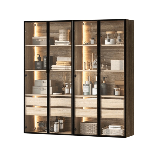 Conjunto de 2 armários de casa de banho 73 cm - Com luz, 2 gavetas grandes, 2 portas, porta de vidro - Natural