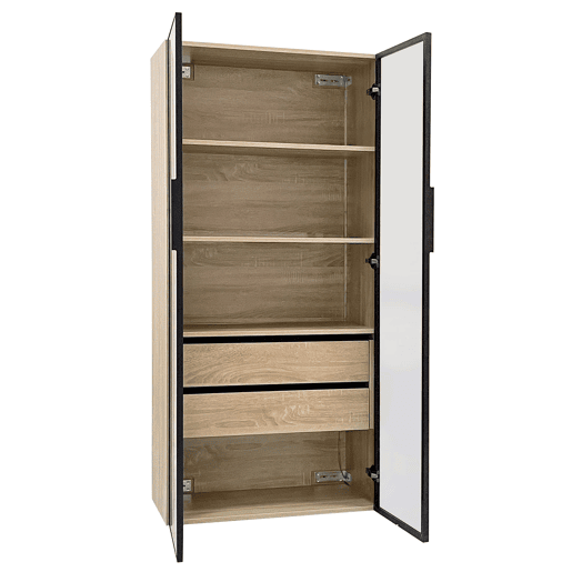 Conjunto de 2 armários de casa de banho 73 cm - Com luz, 2 gavetas grandes, 2 portas, porta de vidro - Natural