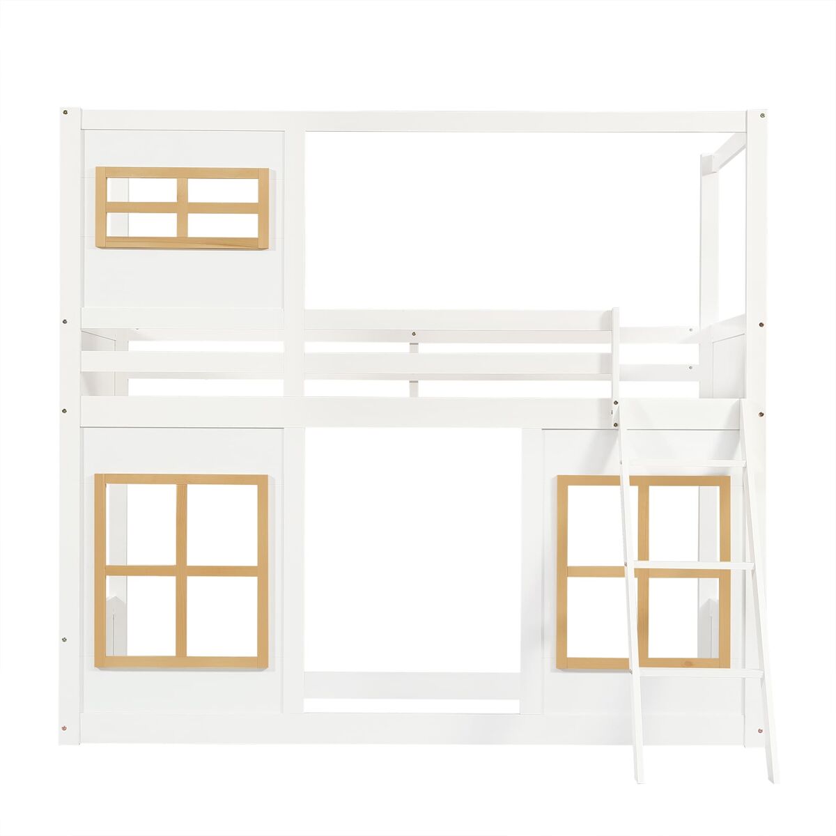 Litera infantil 90x200 cm - con ventanas, escalera estable, cercado de 4 lados - blanco+natural