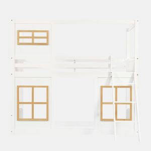 Beliche infantil 90x200 cm - Com janelas, escada estável, cerca em 4 lados - Branco+Natural