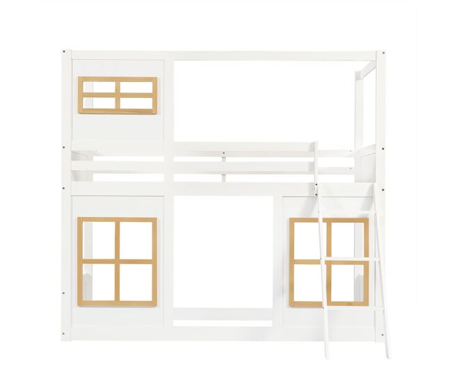 Litera infantil 90x200 cm - con ventanas, escalera estable, cercado de 4 lados - blanco+natural