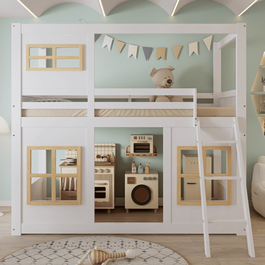 Beliche infantil 90x200 cm - Com janelas, escada estável, cerca em 4 lados - Branco+Natural