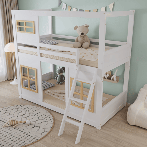 Beliche infantil 90x200 cm - Com janelas, escada estável, cerca em 4 lados - Branco+Natural