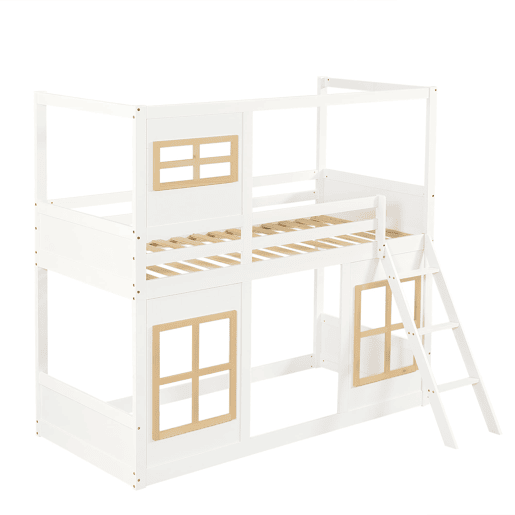 Beliche infantil 90x200 cm - Com janelas, escada estável, cerca em 4 lados - Branco+Natural