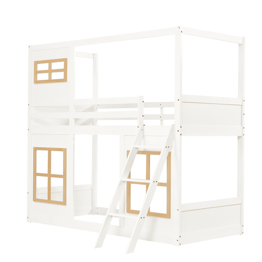 Beliche infantil 90x200 cm - Com janelas, escada estável, cerca em 4 lados - Branco+Natural