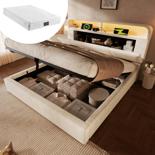 Cama estofada 140x200 cm - Cabeceira com arrumação ajustável, LED, USB, hidráulica - Bege