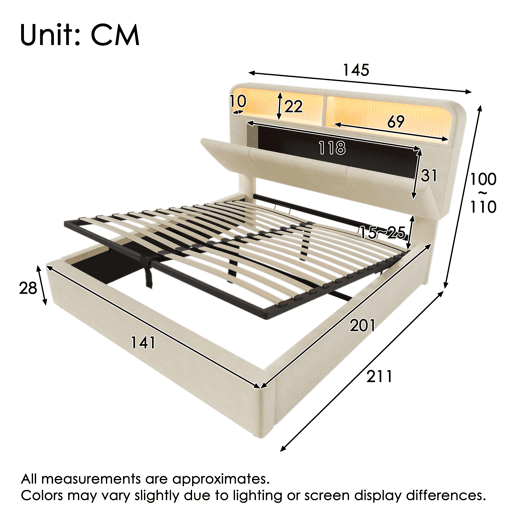 Cama estofada 140x200 cm - Cabeceira com arrumação ajustável, LED, USB, hidráulica - Bege