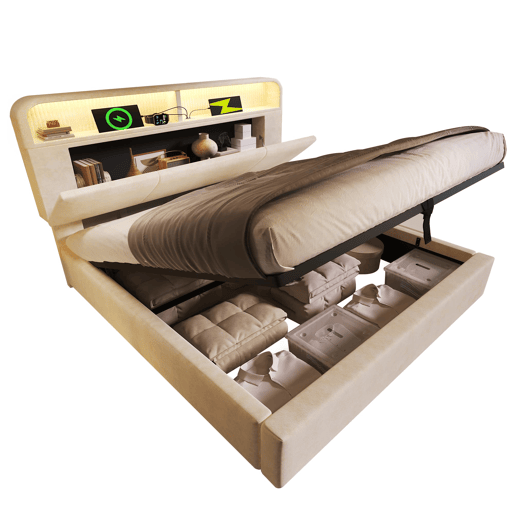 Cama estofada 140x200 cm - Cabeceira com arrumação ajustável, LED, USB, hidráulica - Bege