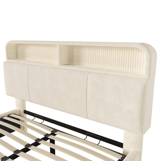Cama estofada 140x200 cm - Cabeceira com arrumação ajustável, LED, USB, hidráulica - Bege