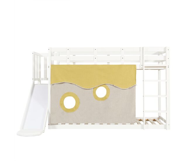 Cama litera 90x200 cm - con escalera, barandillas, cortina y tobogán - blanco