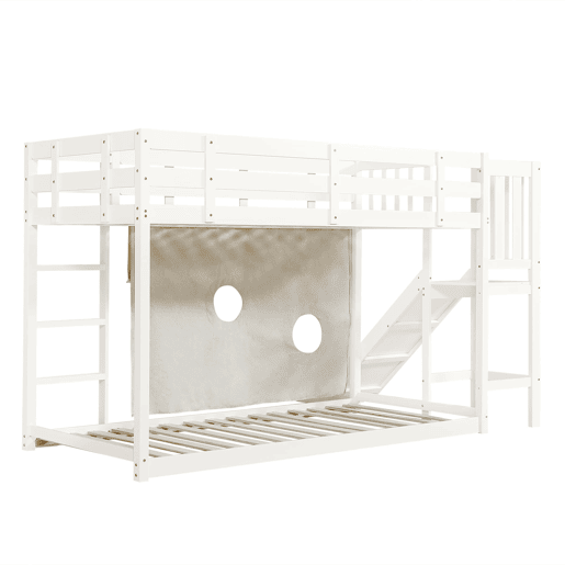 Beliche 90x200 cm - com escada, grades, cortina e escorregador - Branco