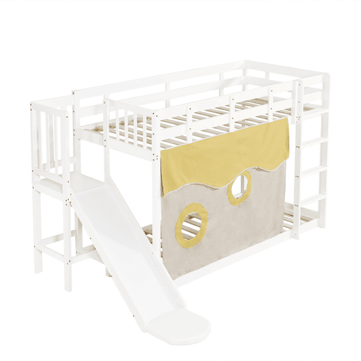 Beliche 90x200 cm - com escada, grades, cortina e escorregador - Branco