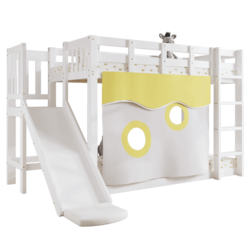 Beliche 90x200 cm - com escada, grades, cortina e escorregador - Branco
