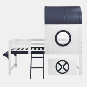 Beliche 90x200cm - Cama infantil com teto e janela, escada inclinada, gaveta com rodas - Branco+Azul