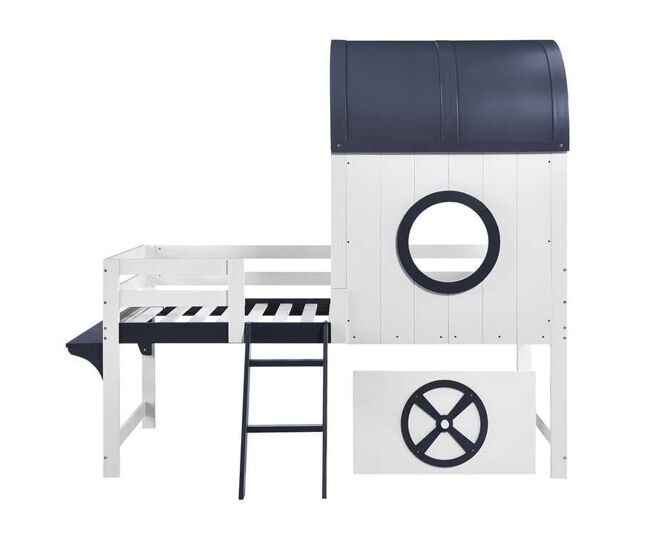 Litera 90x200cm - cama infantil con techo y ventana, escalera inclinada, cajón con ruedas - blanco+azul
