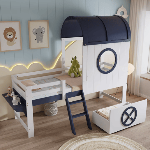 Beliche 90x200cm - Cama infantil com teto e janela, escada inclinada, gaveta com rodas - Branco+Azul