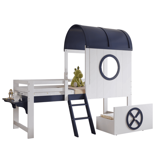 Beliche 90x200cm - Cama infantil com teto e janela, escada inclinada, gaveta com rodas - Branco+Azul