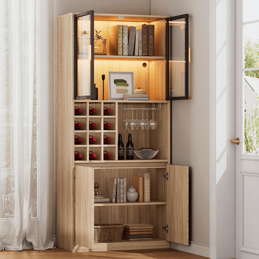 Armário de casa de banho 180 cm - Vitrina com portas de vidro e iluminação - Cor natural Armário de casa de banho 180 cm - Vitrina com portas de vidro e iluminação - Cor natural