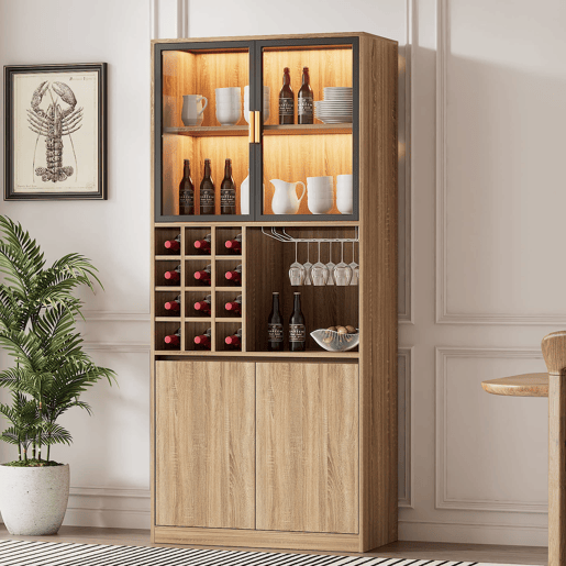 Armário de casa de banho 180 cm - Vitrina com portas de vidro e iluminação - Cor natural Armário de casa de banho 180 cm - Vitrina com portas de vidro e iluminação - Cor natural