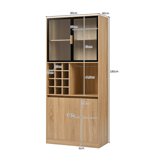 Armário de casa de banho 180 cm - Vitrina com portas de vidro e iluminação - Cor natural Armário de casa de banho 180 cm - Vitrina com portas de vidro e iluminação - Cor natural