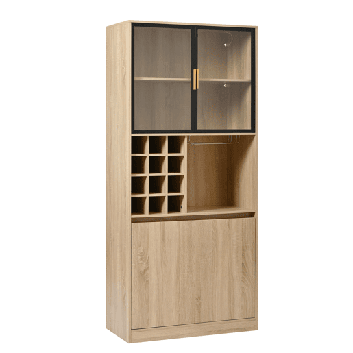 Armário de casa de banho 180 cm - Vitrina com portas de vidro e iluminação - Cor natural Armário de casa de banho 180 cm - Vitrina com portas de vidro e iluminação - Cor natural